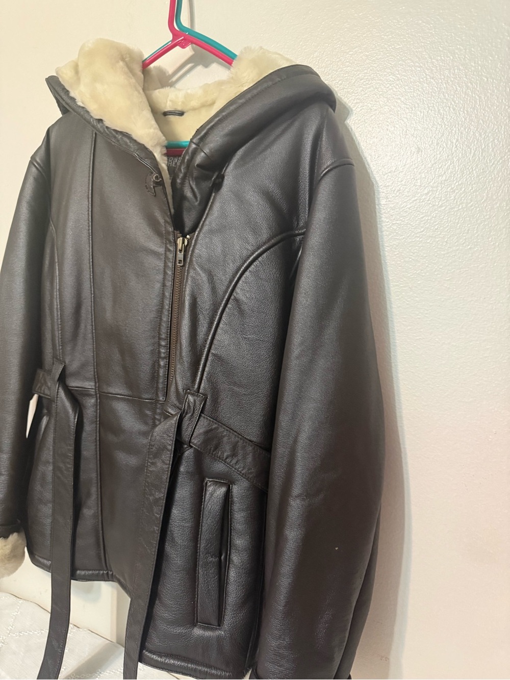 Wilsons Leather Brown Faux Leather Hooded Jacket with Cream Shearling